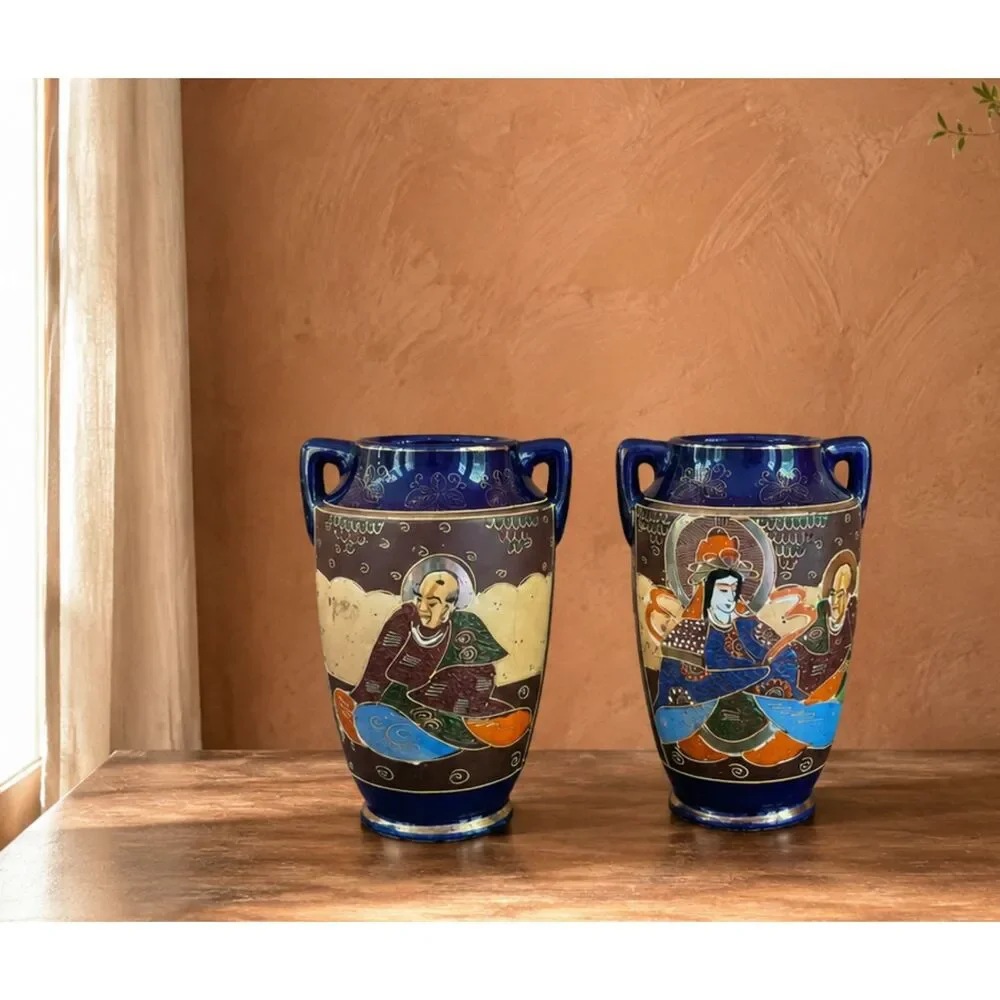 Vintage Japan Cobalt Hand Painted Vase Set Pair 8